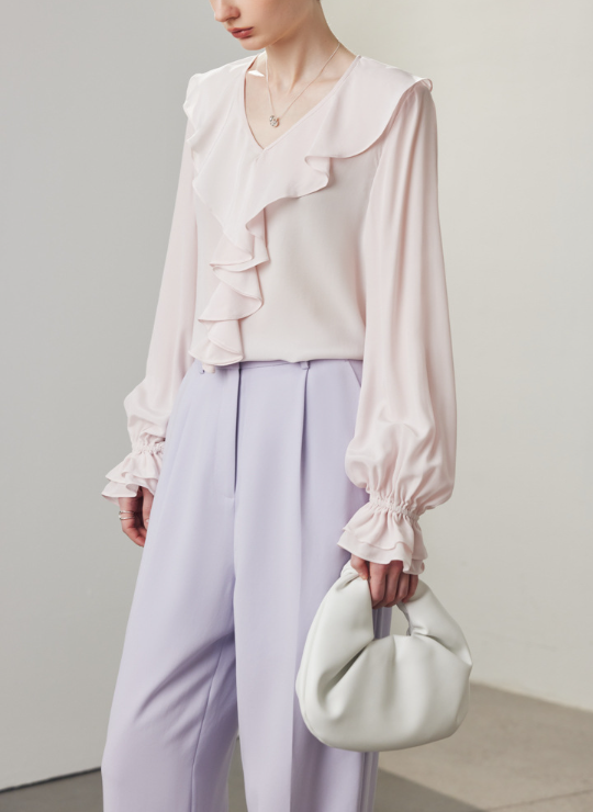 ruffled V-neck blouse with gathered cuffs – ELISAH