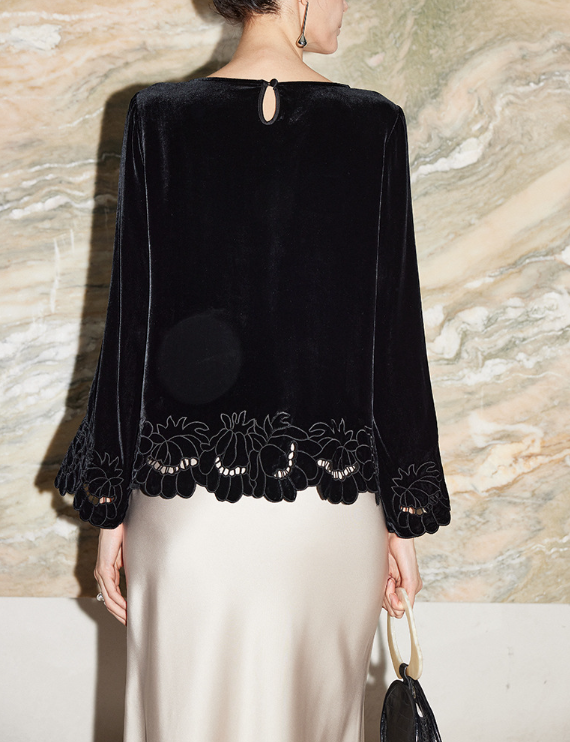 velvet long-sleeve blouse with embroidered scalloped hem – QOLEE