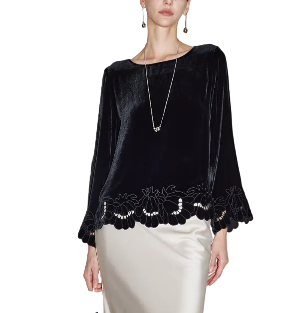 velvet long-sleeve blouse with embroidered scalloped hem – QOLEE