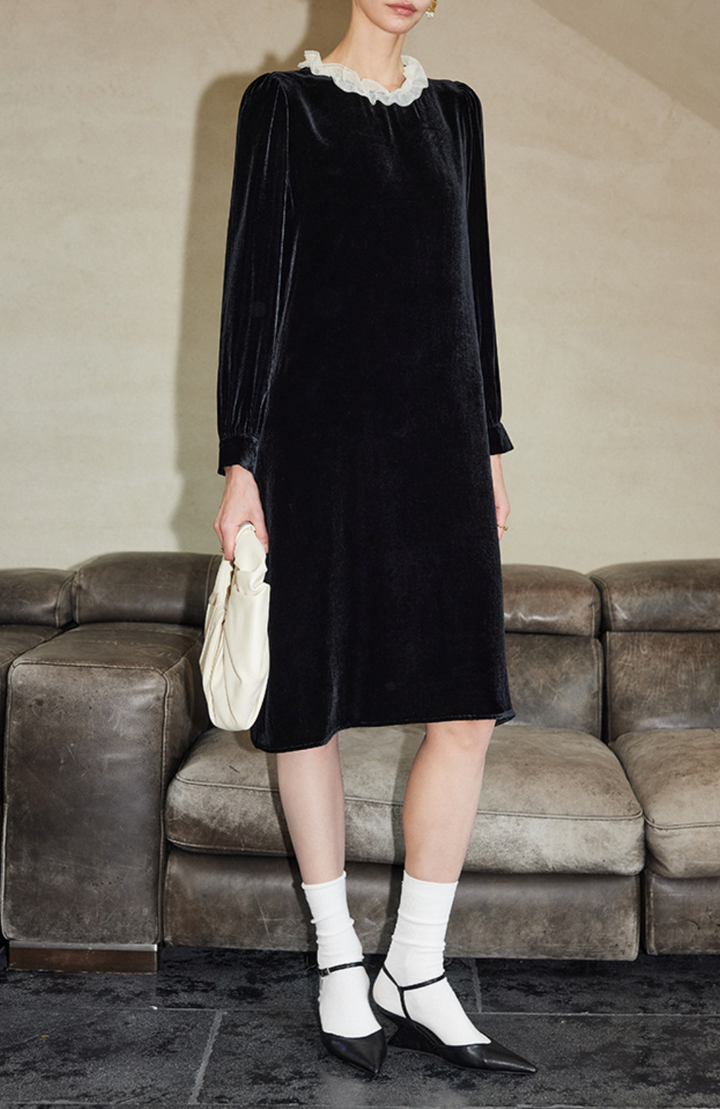 Velvet Midi Dress with Ruffled Neckline – WALLEED
