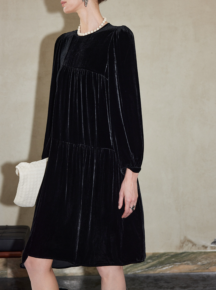 Pleated Velvet Midi Dress with Long Sleeves – RAHMA