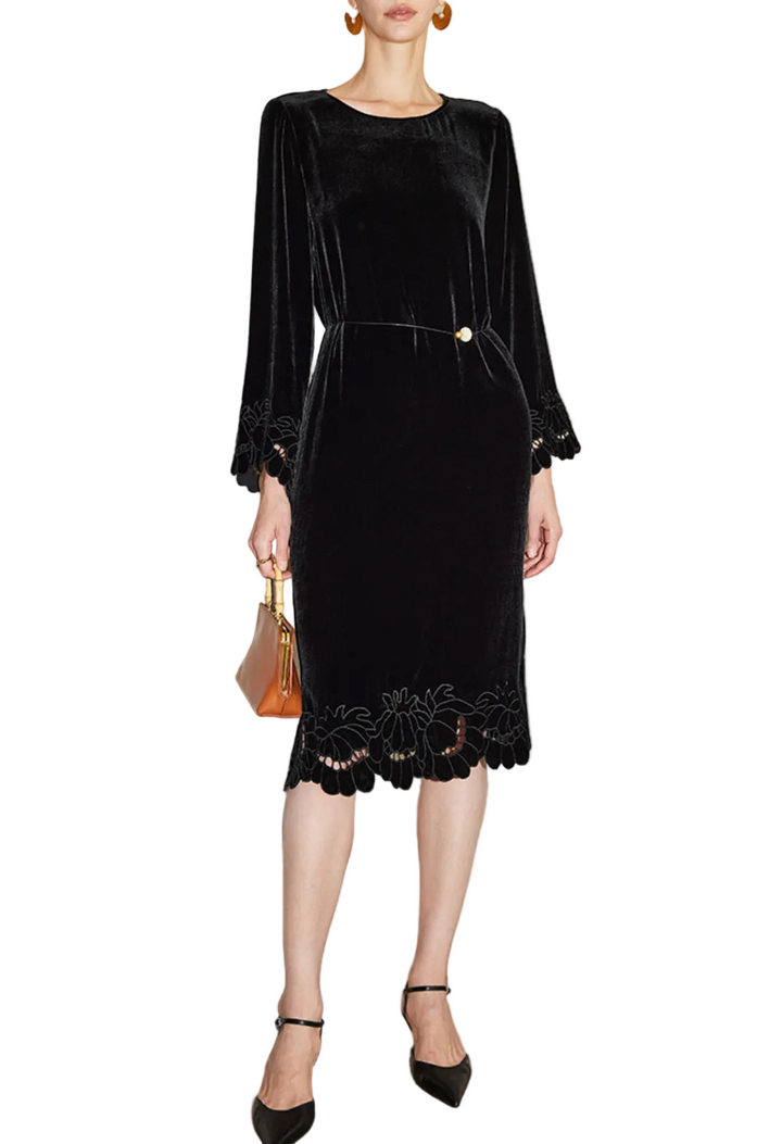 Velvet Midi Dress with Embroidered Hem – GAMAL