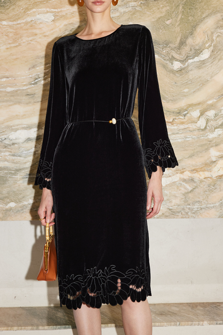 Velvet Midi Dress with Embroidered Hem – GAMAL