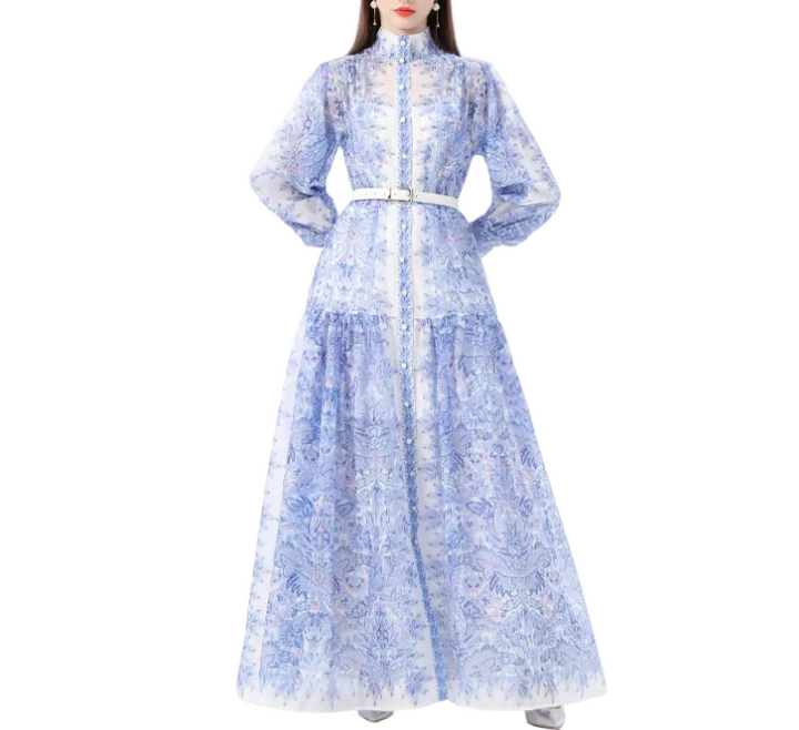 فستان ماكسي مطبوع بياقة عالية مع حزام - بدوي