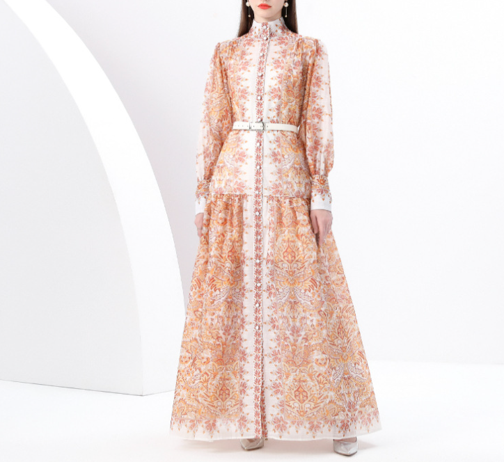 فستان ماكسي مطبوع بياقة عالية مع حزام - بدوي