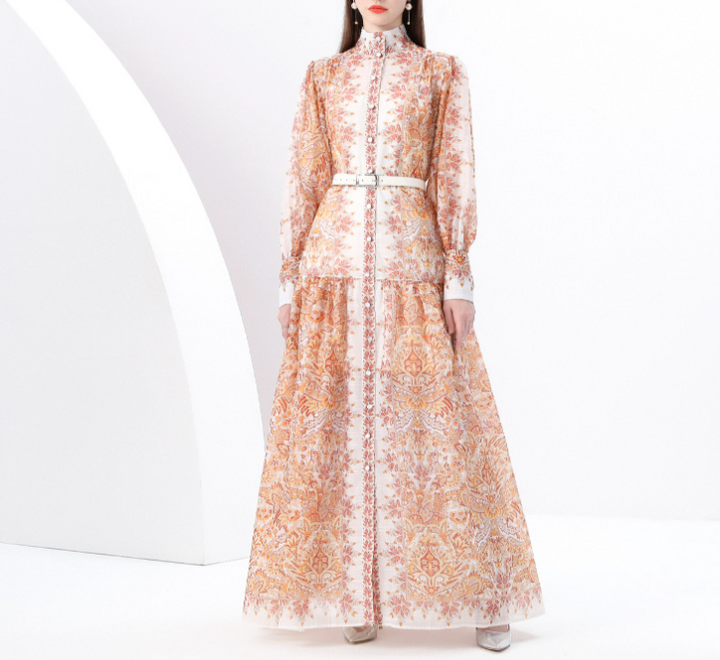 فستان ماكسي مطبوع بياقة عالية مع حزام - بدوي