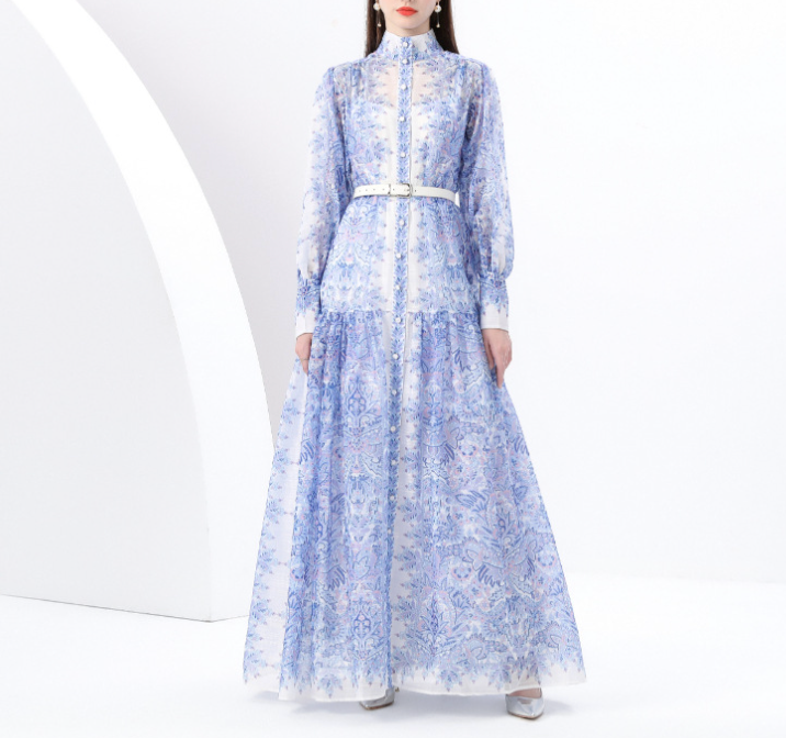 فستان ماكسي مطبوع بياقة عالية مع حزام - بدوي