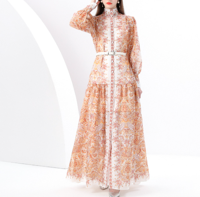 فستان ماكسي مطبوع بياقة عالية مع حزام - بدوي