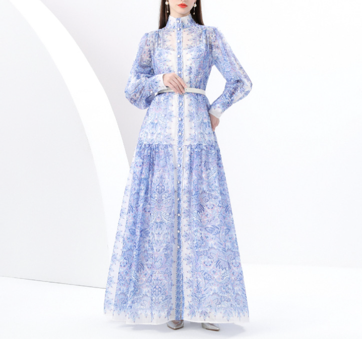 فستان ماكسي مطبوع بياقة عالية مع حزام - بدوي