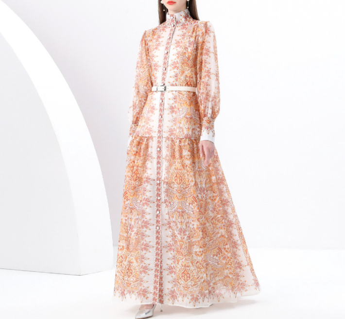 فستان ماكسي مطبوع بياقة عالية مع حزام - بدوي