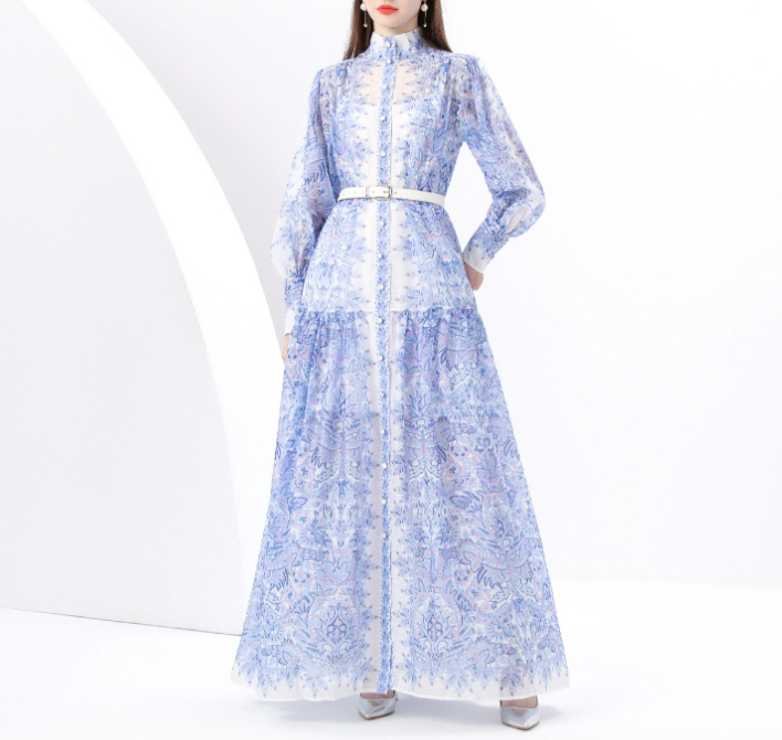 فستان ماكسي مطبوع بياقة عالية مع حزام - بدوي