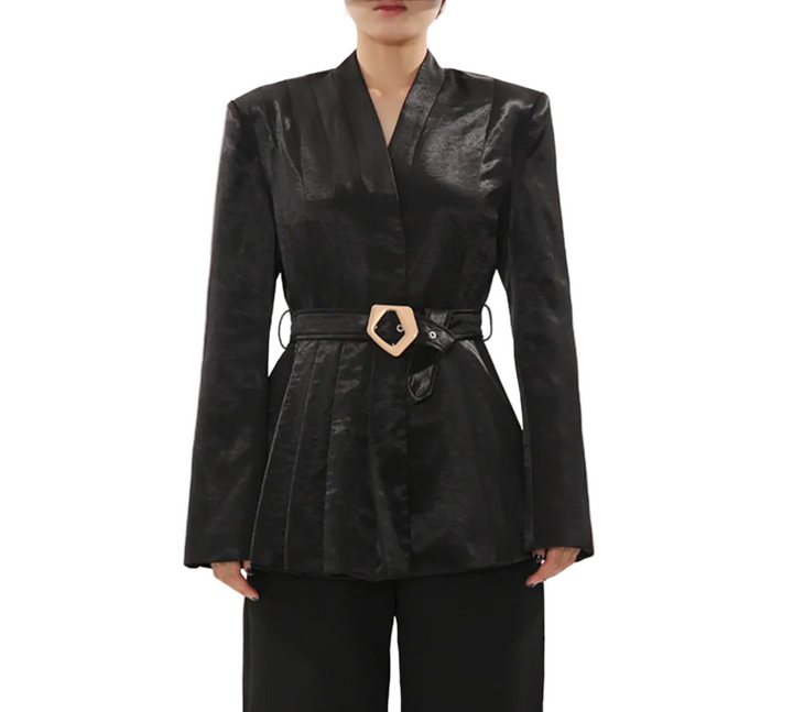 tailored belted satin blazer with pleated waist – HEXA