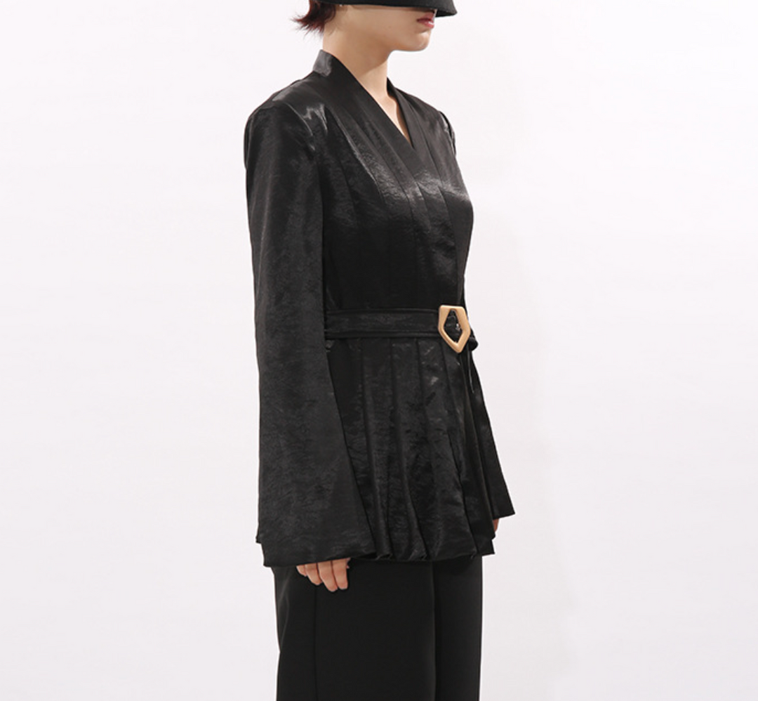 tailored belted satin blazer with pleated waist – HEXA