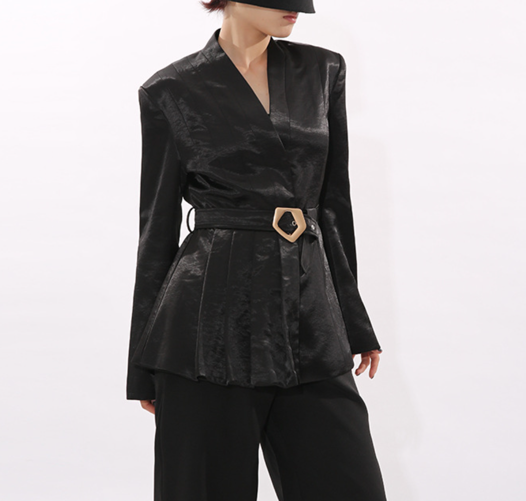 tailored belted satin blazer with pleated waist – HEXA