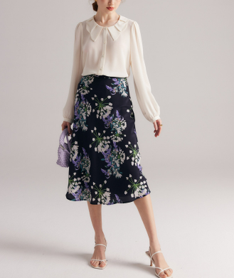 طقم مكون من بلوزة قصيرة وتنورة طويلة من الدانتيل الزهري - أزرق سماوي