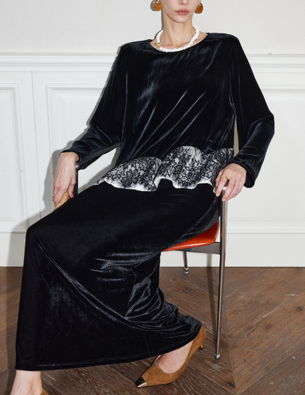 velvet blouse with lace hem detail – LACE