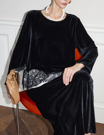 velvet blouse with lace hem detail – LACE