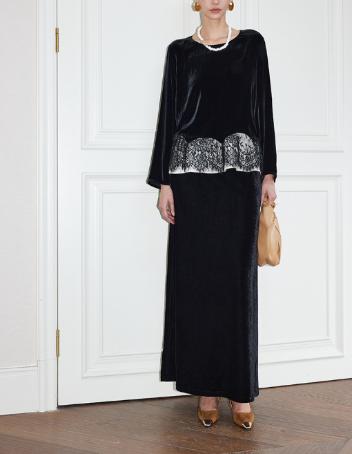 velvet blouse with lace hem detail – LACE