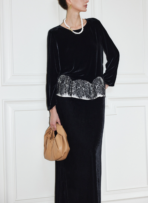 velvet blouse with lace hem detail – LACE