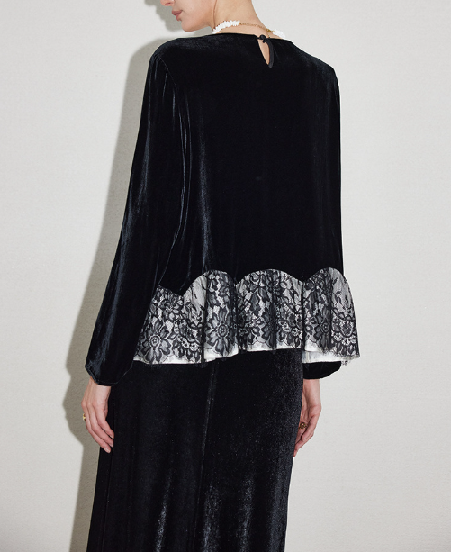 velvet blouse with lace hem detail – LACE