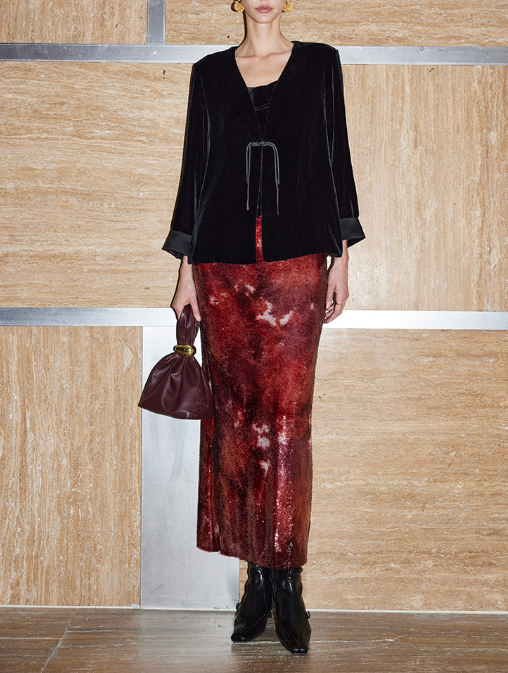 velvet wrap blouse with tie waist – OBSIDIAN