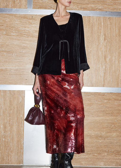 velvet wrap blouse with tie waist – OBSIDIAN