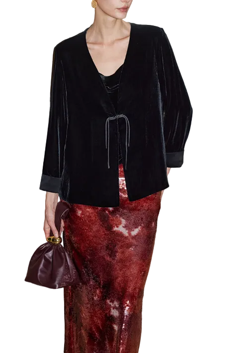 velvet wrap blouse with tie waist – OBSIDIAN