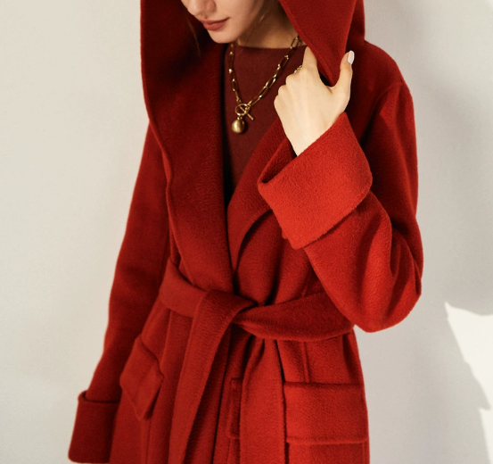 belted hooded wool coat with wrap front – CRIMSON