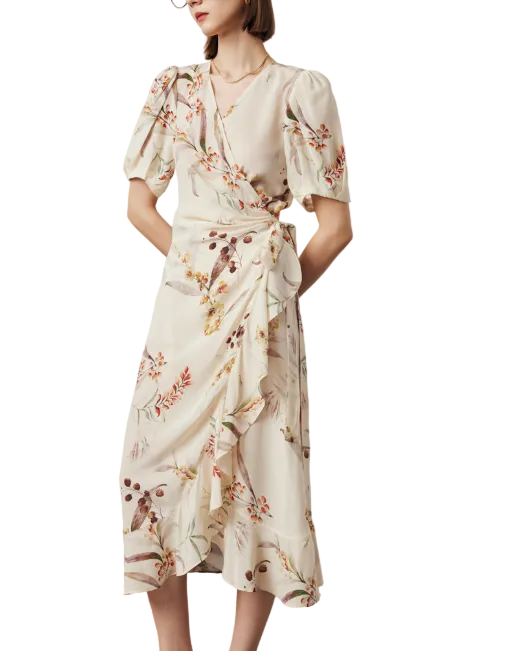 floral wrap midi dress with puff sleeves – GARDEN