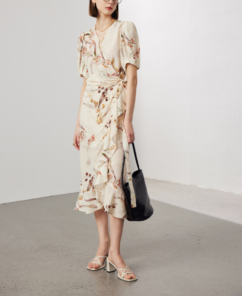floral wrap midi dress with puff sleeves – GARDEN