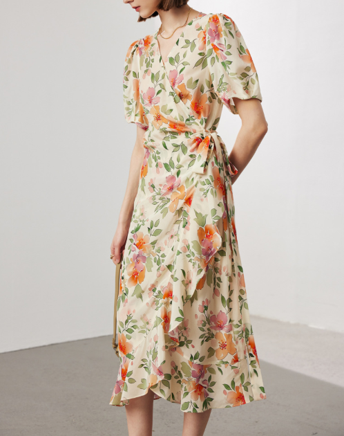 floral wrap midi dress with puff sleeves – GARDEN