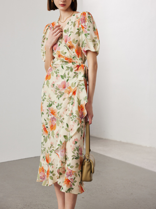 floral wrap midi dress with puff sleeves – GARDEN