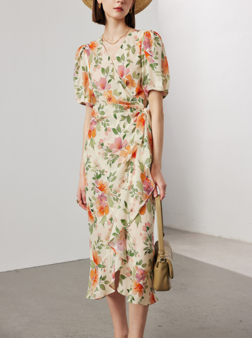 floral wrap midi dress with puff sleeves – GARDEN