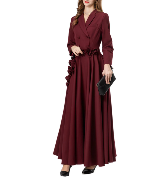 tailored double-breasted maxi dress with floral waist appliqué – ROSE