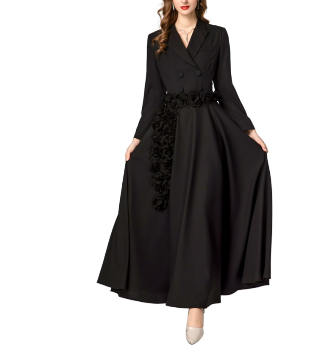 tailored double-breasted maxi dress with floral waist appliqué – ROSE