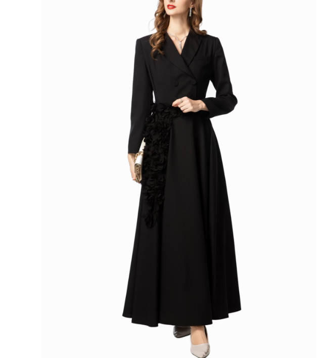 tailored double-breasted maxi dress with floral waist appliqué – ROSE