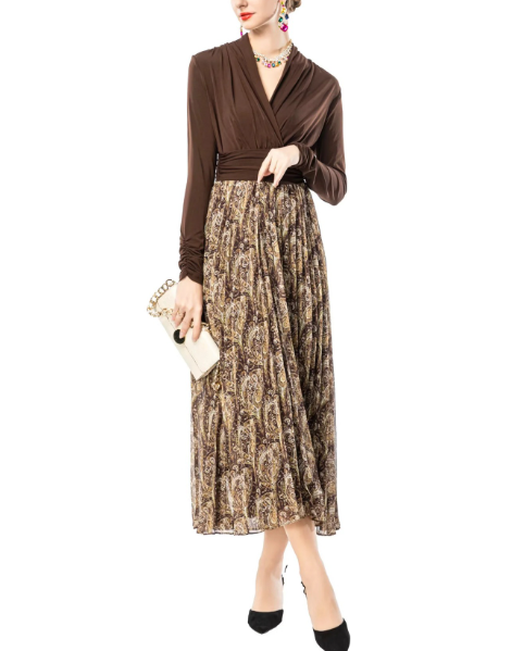 wrap-style knit top with printed pleated midi skirt – MOCHA