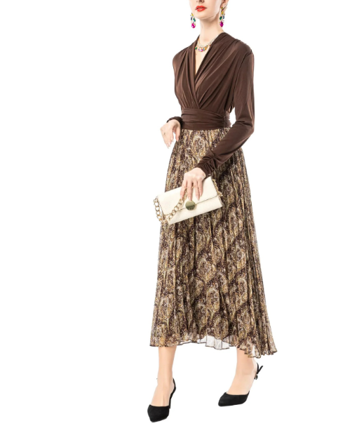 wrap-style knit top with printed pleated midi skirt – MOCHA