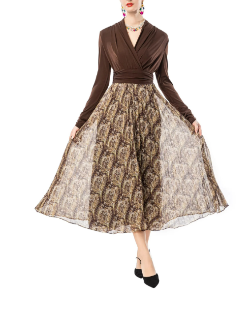 wrap-style knit top with printed pleated midi skirt – MOCHA