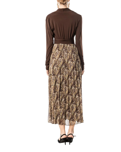 wrap-style knit top with printed pleated midi skirt – MOCHA
