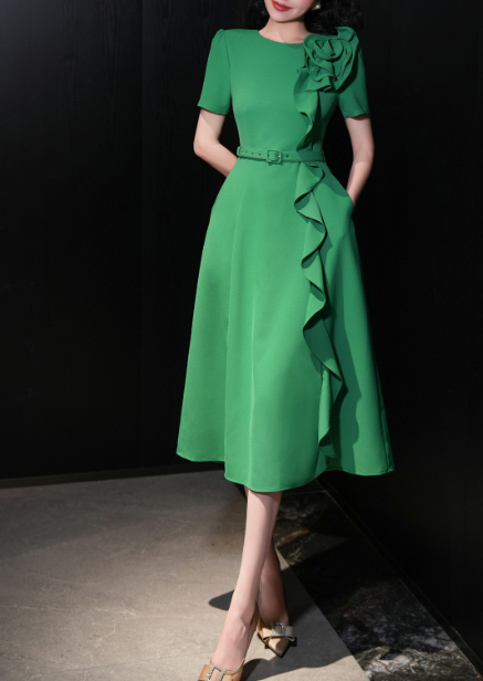 belted midi dress with cascading ruffle rose detail – FUCHSIA