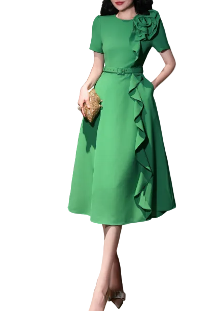 belted midi dress with cascading ruffle rose detail – FUCHSIA