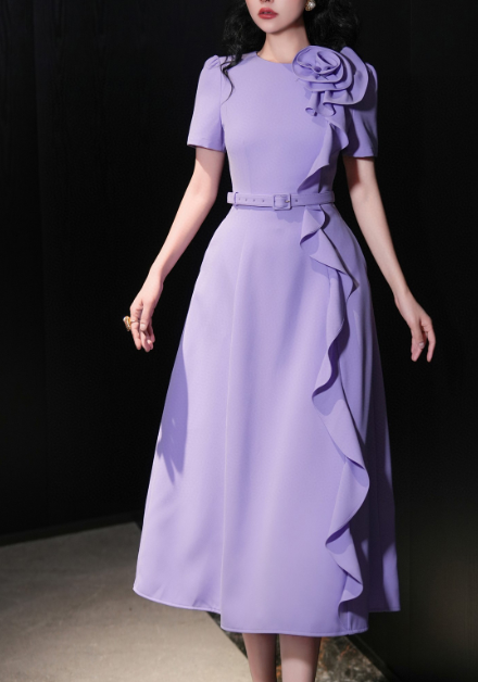 belted midi dress with cascading ruffle rose detail – FUCHSIA