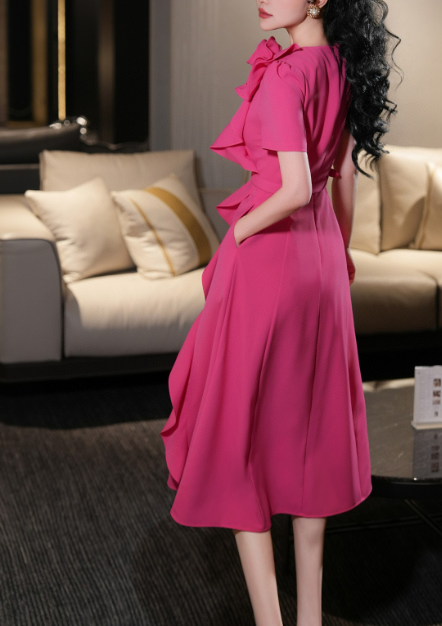 belted midi dress with cascading ruffle rose detail – FUCHSIA