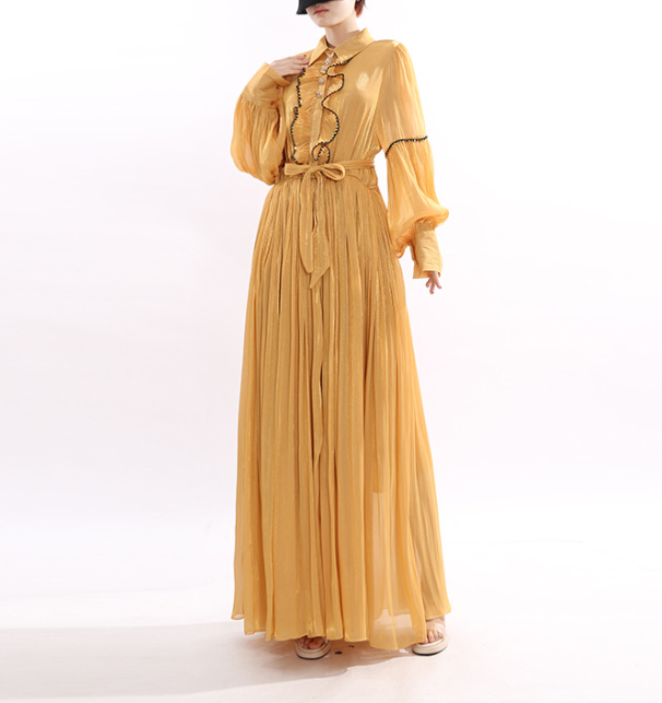 pleated chiffon maxi dress with ruffle trim and tie waist – GOLDEN