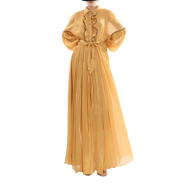 pleated chiffon maxi dress with ruffle trim and tie waist – GOLDEN