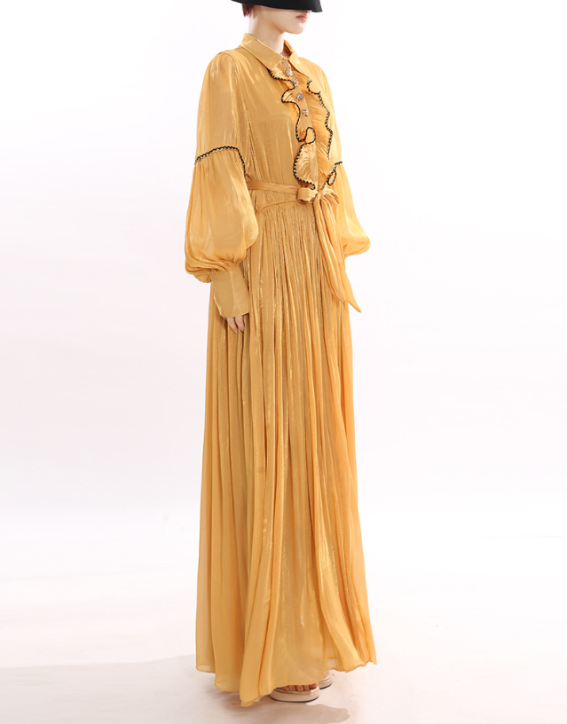 pleated chiffon maxi dress with ruffle trim and tie waist – GOLDEN