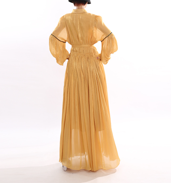 pleated chiffon maxi dress with ruffle trim and tie waist – GOLDEN
