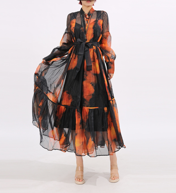 sheer printed maxi dress with tie waist – EMBER