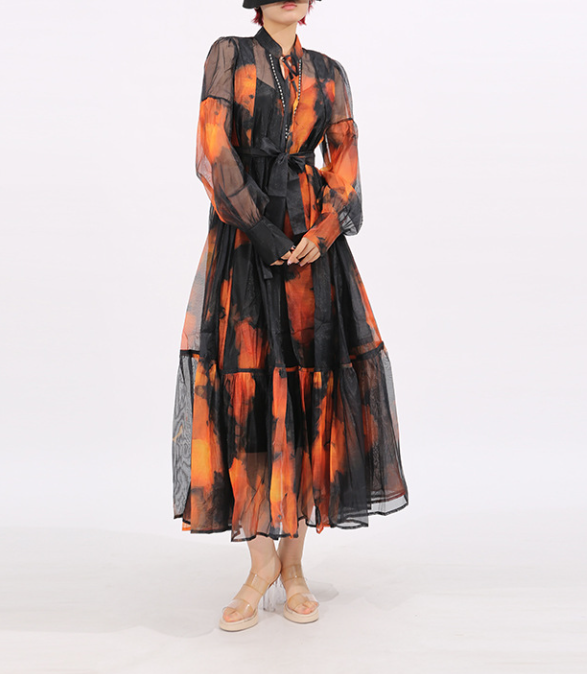 sheer printed maxi dress with tie waist – EMBER